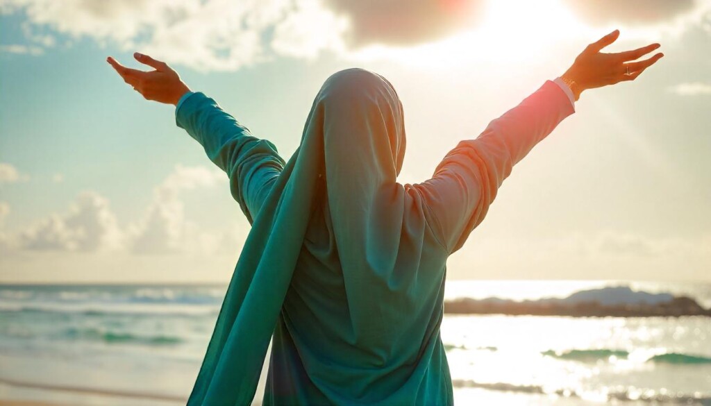 Silhouette of a Muslim woman lifting her arms toward the sky by the ocean, expressing freedom and emotional relief.