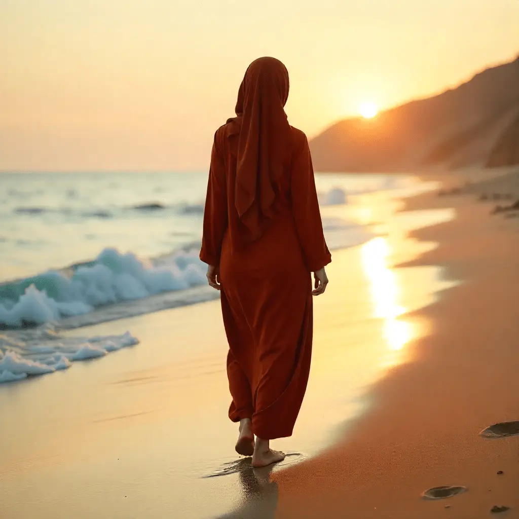 Muslim woman in a rust-colored abaya walking alone along the shoreline at sunset, symbolising a calm, reflective healing journey.