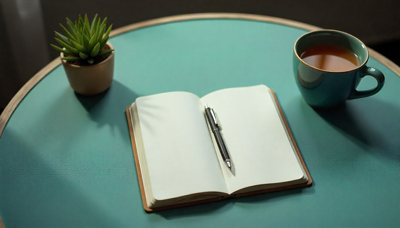 Open notebook, tea and small plant on a table symbolising a gentle clarity call for Muslim women seeking trauma-informed coaching