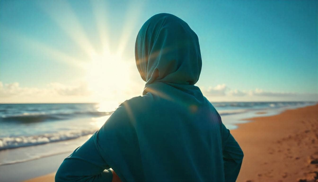 Muslim woman looking out over the ocean at sunrise
