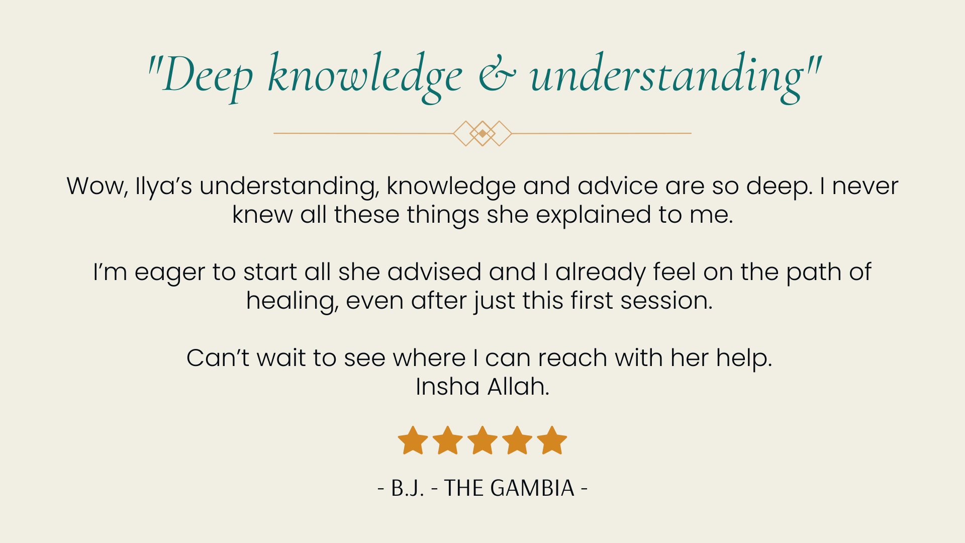 Client testimonial quote highlighting deep knowledge, understanding, and practical guidance in coaching.