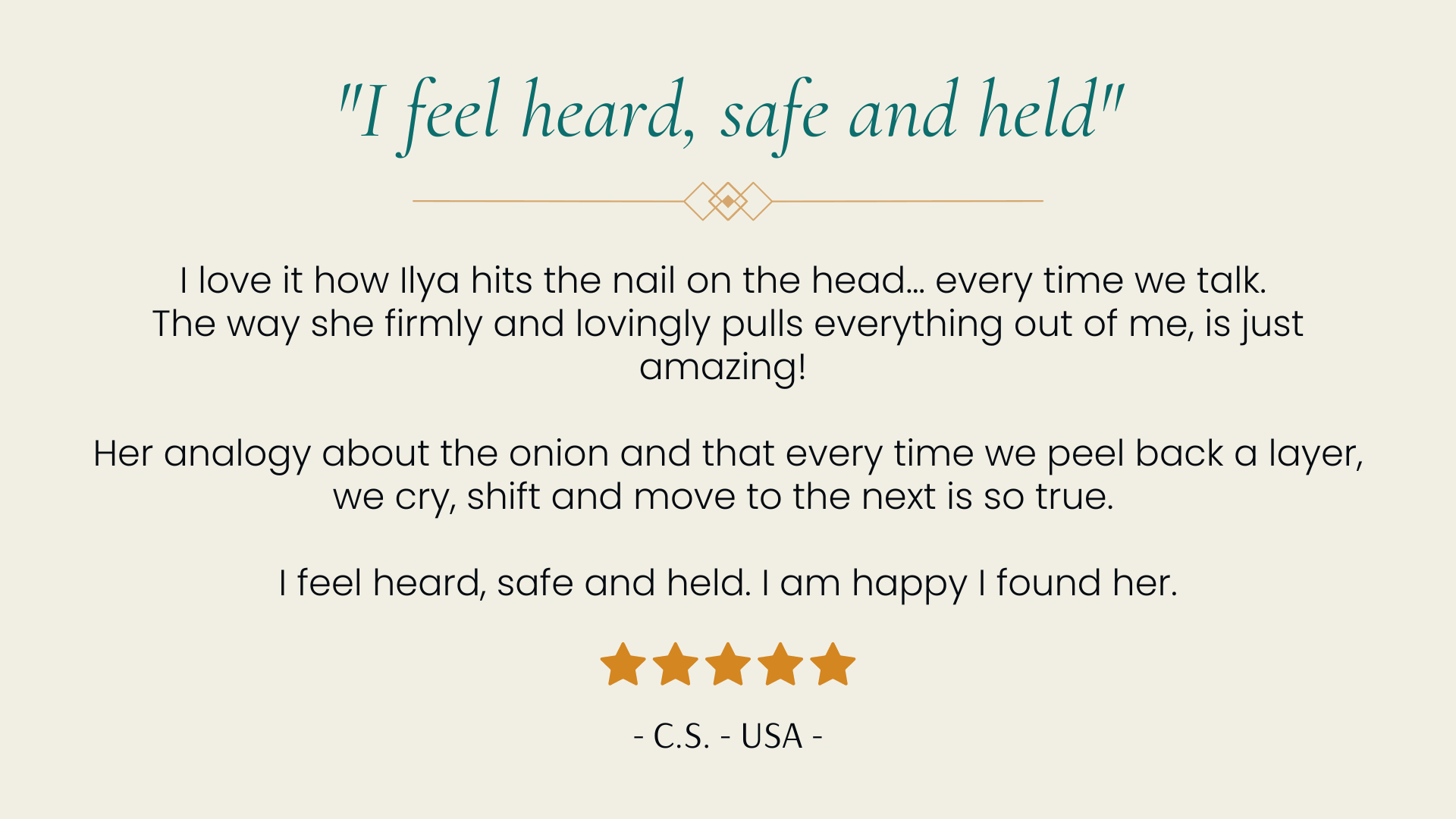 Client testimonial quote about feeling heard, safe, and held during trauma-informed coaching sessions.