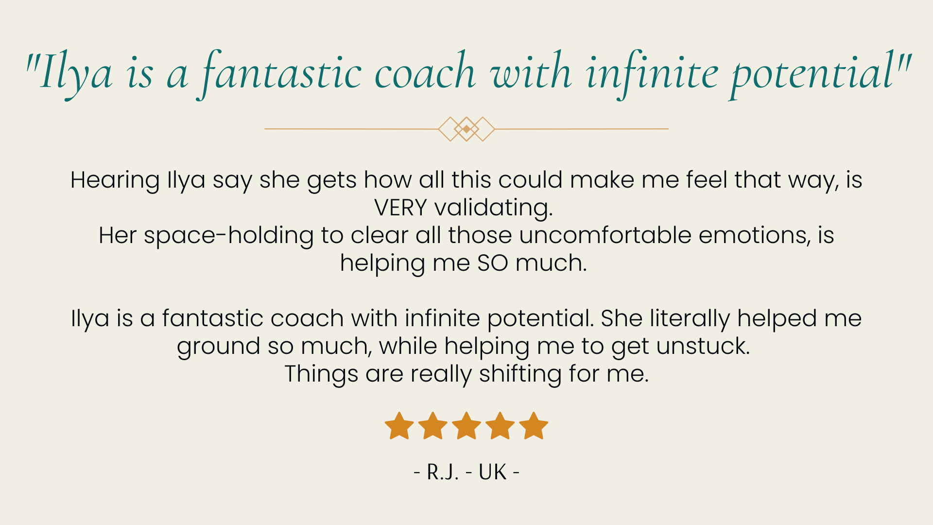 Client testimonial quote about feeling validated, grounded, and helped to get unstuck in coaching.