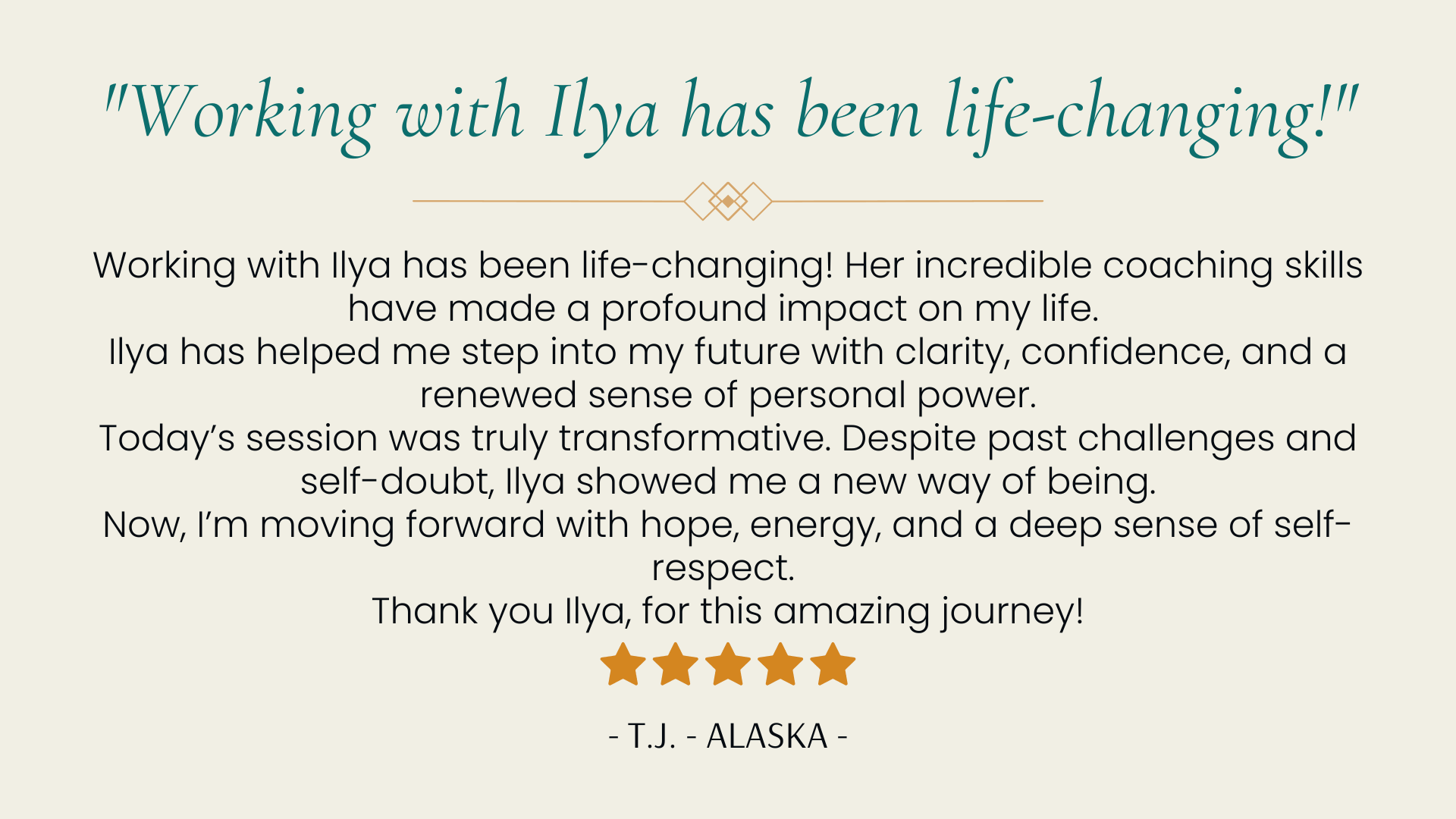 Client testimonial quote about increased clarity, confidence, and personal power after coaching.