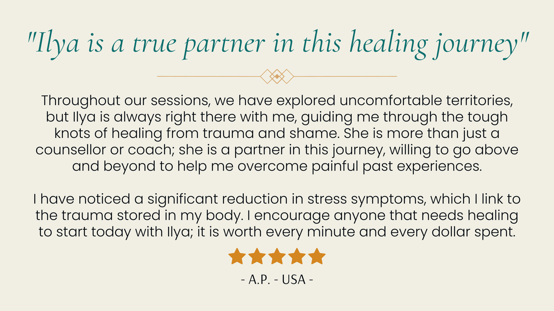 Client testimonial quote describing the coach as a true partner in a supportive healing journey.